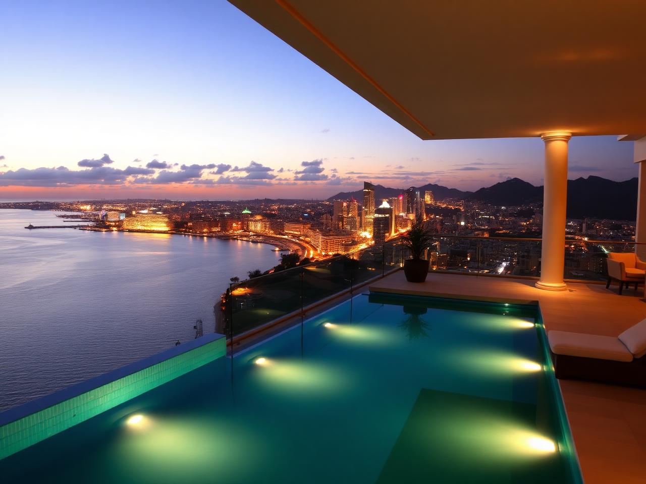 Cobertura de luxo com piscina e vista para o mar e a cidade ao entardecer