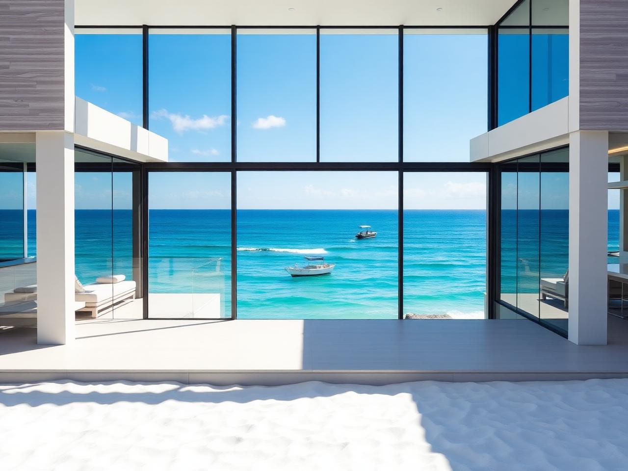 Residência moderna à beira-mar com grandes vidros voltados para o oceano