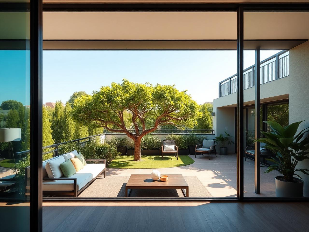 Terraço garden com vista para uma grande árvore no jardim