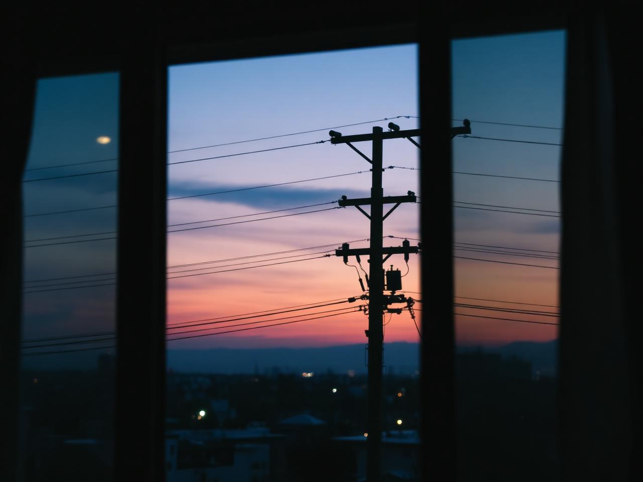 Janela de apartamento com vista para poste elétrico ao pôr do sol