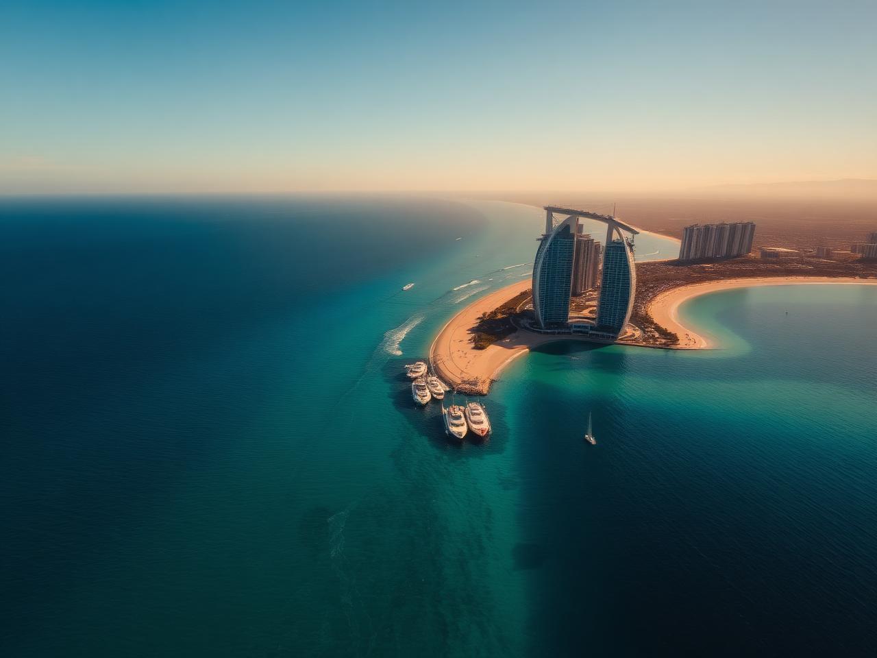 Vista aérea de praia de águas turquesa com torres de luxo