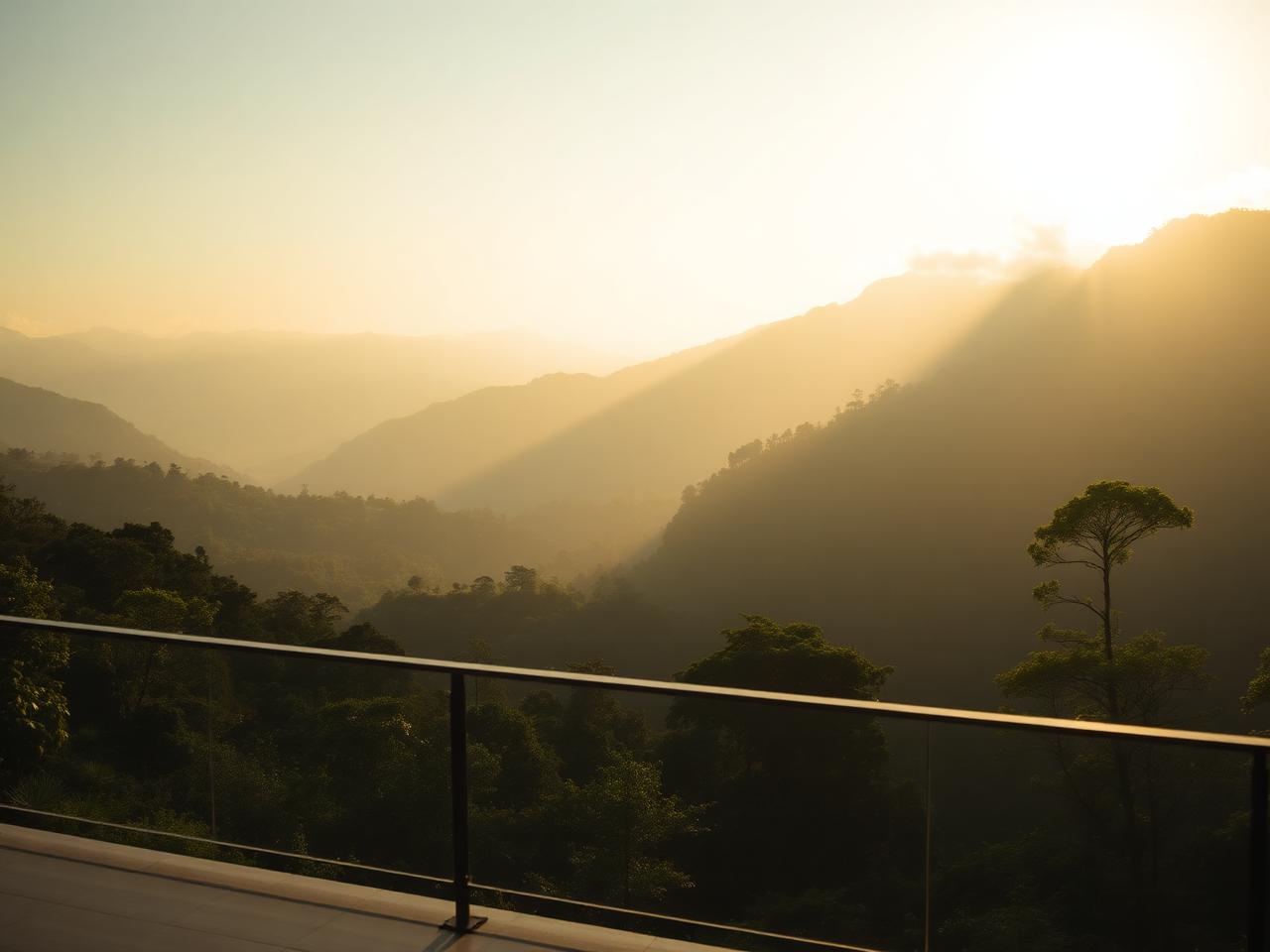 Varanda com vista para montanhas e mata atlântica ao amanhecer