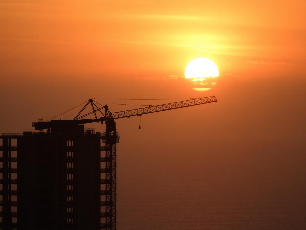 Guindaste de obra em silhueta diante do mar ao pôr do sol